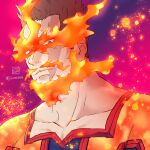  1boy alternate_hair_color beard_stubble bodysuit boku_no_hero_academia brown_hair embers endeavor_(boku_no_hero_academia) expressionless facial_hair fiery_beard fiery_hair flaming_eyes gradient_background isomine looking_at_viewer male_focus mature_male mustache mustache_stubble pectorals portrait scar scar_across_eye serious short_hair sideburns_stubble solo thick_eyebrows 