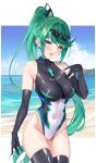  breasts covered_navel elbow_gloves gloves green_eyes green_hair hair_ornament high_ponytail highres impossible_clothes impossible_swimsuit large_breasts long_hair looking_at_viewer matrix16 multicolored_clothes multicolored_swimsuit one-piece_swimsuit open_mouth pneuma_(xenoblade) skin_tight smile swimsuit thigh_strap thighhighs very_long_hair xenoblade_chronicles_(series) xenoblade_chronicles_2 