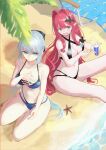  2girls applying_sunscreen armband baobhan_sith_(fate) bare_shoulders beach beach_chair bikini black_bikini blue_bikini blue_eyes blue_nails blush bow bracelet breasts cleavage day embarrassed fangs fate/grand_order fate_(series) from_above grey_eyes hair_bow hair_ornament hand_on_own_chest hand_on_own_thigh highres holding jewelry kei201107 long_hair lotion morgan_le_fay_(fate) multiple_girls nail_polish navel ocean on_floor open_mouth outdoors palm_tree pink_hair pointy_ears red_nails sand seiza shadow sidelocks sitting starfish sunscreen sweatdrop swimsuit thighs tree white_hair 