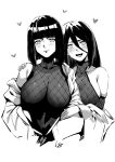  2girls blunt_bangs blunt_ends blush boruto:_naruto_next_generations breasts club3 commentary_request greyscale hair_between_eyes heart highres hyuuga_hanabi hyuuga_hinata large_breasts looking_at_viewer monochrome multiple_girls naruto_(series) open_mouth simple_background teeth tongue upper_body white_background 