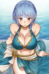  1girl bare_shoulders bikini blue_bikini blue_hair braid breast_focus breasts brown_eyes cleavage close-up commission crown_braid fire_emblem fire_emblem:_three_houses fire_emblem_heroes highres large_breasts long_hair marianne_von_edmund marianne_von_edmund_(summer) navel nervous nervous_smile official_alternate_costume pool poolside rojen_p sarong smile solo swimsuit upper_body 