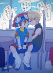  2boys artist_name bag blonde_hair blue_sky brown_hair character_request classroom cloud commentary_request crossed_arms desk digimon goggles goggles_on_head highres implied_yaoi indoors looking_at_another male_focus multiple_boys school_bag school_desk shorts sketch sky szkn translation_request 