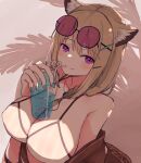  animal_ear_fluff animal_ears arknights bikini blue_nails blush braid breasts brown_hair brown_jacket cleavage coldcat. crazy_straw cup drink drinking_straw fingernails hair_ornament hairclip highres holding holding_cup holding_drink jacket large_breasts long_fingernails long_hair looking_at_viewer off_shoulder official_alternate_costume purple-tinted_eyewear purple_eyes shadow swimsuit tinted_eyewear upper_body utage_(arknights) utage_(summer_flowers)_(arknights) x_hair_ornament 