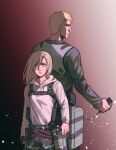  1boy 1girl absurdres annie_leonhardt back-to-back blonde_hair blue_eyes breasts commentary elbow_pads facial_hair frown goatee height_difference highres holding hood hoodie medium_breasts reiner_braun serious shingeki_no_kyojin symbol-only_commentary three-dimensional_maneuver_gear white_hoodie yanglao_paopaoren 