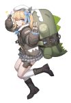  1girl absurdres animal_bag backpack bag bandaid bandaid_on_knee bandaid_on_leg beret black_footwear black_jacket blue_bow boots bow cheogtanbyeong double_v fingerless_gloves full_body girls&#039;_frontline girls&#039;_frontline_2:_exilium gloves hair_bow hat highres jacket one_eye_closed one_side_up pleated_skirt shoulder_bag skirt smile socks thigh_pouch v vepley_(girls&#039;_frontline_2) white_background white_headwear white_socks 