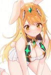  1girl :i animal_ears bare_shoulders blonde_hair blush breasts cleavage cleavage_cutout clothing_cutout earrings highres jewelry long_hair looking_at_viewer medium_breasts mythra_(xenoblade) pout rabbit_ears rabbit_tail sephikowa simple_background sleeveless solo tail tiara very_long_hair white_background xenoblade_chronicles_(series) xenoblade_chronicles_2 yellow_eyes 