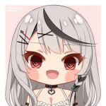  1girl @_@ artist_name black_collar blush_stickers braid breasts camisole chibi cleavage collar commentary fang fpsmoe frilled_camisole frills grey_hair hair_ornament hairclip heart heart_hair_ornament hololive long_hair looking_at_viewer multicolored_hair no_nose open_mouth pink_background red_eyes sakamata_chloe simple_background single_braid solo streaked_hair virtual_youtuber white_camisole x_hair_ornament 