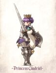  1girl armor armored_dress bloomers boots braid character_name crown earrings english_text gauntlets gradriel greaves highres holding holding_sword holding_weapon ironlily jewelry knee_boots princess princess_crown purple_eyes purple_hair short_hair solo sword underwear weapon white_bloomers 
