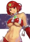  1girl blush breasts chest_jewel choker dangle_earrings earrings fur-trimmed_sleeves fur_trim gem gloves highres jewelry large_breasts micro_shorts navel parted_lips pom_pom_(clothes) pyra_(xenoblade) r123 red_eyes red_gloves red_hair santa_costume short_hair shorts snowflakes solo strapless swept_bangs tiara tube_top underboob xenoblade_chronicles_(series) xenoblade_chronicles_2 