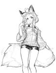  1girl :d ahoge animal_ear_fluff animal_ears bare_shoulders bike_shorts feet_out_of_frame fox_ears fox_girl_(jaco) fox_tail greyscale hand_up jaco large_tail long_sleeves looking_at_viewer monochrome off-shoulder_sweater off_shoulder original short_eyebrows simple_background sketch smile solo standing sweater tail thick_eyebrows white_background wide_sleeves 