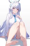  1girl akagi_(user_khgu7328) barefoot blue_archive blue_necktie collared_shirt feet halo highres long_hair long_sleeves looking_at_viewer necktie noa_(blue_archive) panties parted_lips purple_eyes shirt simple_background sitting skirt smile soles solo toes underwear white_background white_hair white_panties white_shirt white_skirt 