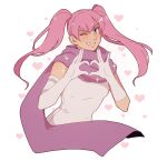  1girl breasts commentary elbow_gloves fire_emblem fire_emblem:_the_blazing_blade gloves grin hanpetos heart heart_background long_hair one_eye_closed pink_hair purple_eyes purple_scarf scarf serra_(fire_emblem) small_breasts smile solo symbol-only_commentary twintails upper_body white_gloves 