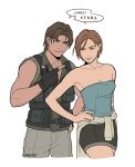  1boy 1girl blue_eyes bob_cut brown_hair carlos_oliveira commentary_request dark_skin jill_valentine miniskirt resident_evil resident_evil_3:_nemesis sardine_(kjr0313) short_hair skirt strapless tube_top 