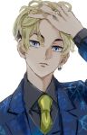  1boy blonde_hair blue_eyes collared_shirt commentary_request earrings hand_in_own_hair jewelry lapels long_sleeves looking_back male_focus matsuno_chifuyu necktie nori20170709 notched_lapels shirt short_hair simple_background single_earring solo tokyo_revengers twitter_username undercut white_background yellow_necktie 