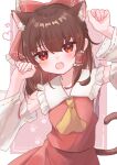  1girl :o absurdres animal_ear_fluff animal_ears ascot bow breasts brown_hair cat_ears cat_tail detached_sleeves fang gao hair_between_eyes hair_bow hair_tubes hakurei_reimu hands_up heart highres kemonomimi_mode long_hair long_sleeves looking_at_viewer naarsann open_mouth petite pink_background red_eyes red_skirt red_vest simple_background skirt skirt_set small_breasts solo tail touhou vest white_background wide_sleeves yellow_ascot 