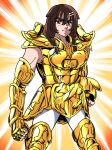  1girl animal_ears armor bone_hair_ornament braid brown_eyes brown_hair cartoon_bone closed_mouth cosplay dog_ears gold_saint hair_between_eyes hair_ornament helmet highres holding holding_helmet hololive hoppege inugami_korone kurumada_masami_(style) saint_seiya standing twin_braids virtual_youtuber 