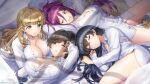  4girls ayato_utae black_hair breasts brown_hair cleavage closed_eyes dolphin_wave hagane_otsuki hair_between_eyes highres kurenashi_yuuri large_breasts lying mole mole_under_eye mole_under_mouth multiple_girls official_art on_back on_bed on_side one_eye_closed ootomo_takuji orange_eyes orange_hair purple_eyes purple_hair sharp_teeth shirt swept_bangs t-shirt teeth yabame_yume 