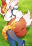  2023 ambiguous_gender anthro blush butt cheek_tuft cinderace digital_media_(artwork) eyes_closed facial_tuft feet fluffy fluffy_ears fluffy_tail fur generation_8_pokemon glistening glistening_body glistening_fur grass green_background hi_res lagomorph leporid lying mammal minamo_(pixiv17726065) nintendo open_mouth paws plant pokemon pokemon_(species) pseudo_clothing red_body red_fur seductive shaded signature simple_background sleeping solo tail thick_thighs tuft white_body white_fur 