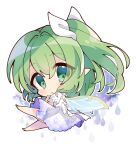  1girl absurdres alternate_costume back_bow bow chibi daiyousei dress from_side full_body green_eyes green_hair hair_ribbon highres long_hair misosiru_0224 one_side_up open_mouth pointy_ears ribbon short_sleeves solo touhou white_dress white_footwear white_ribbon wings 