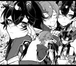  ... 2boys :d :| bare_shoulders blush caelus_(honkai:_star_rail) closed_eyes closed_mouth crossed_bangs dan_heng_(honkai:_star_rail) dan_heng_(imbibitor_lunae)_(honkai:_star_rail) detached_sleeves dragon_boy dragon_horns fingerless_gloves gloves greyscale hair_between_eyes highres honkai:_star_rail honkai_(series) horns implied_yaoi jacket long_hair looking_at_another looking_at_viewer monochrome multiple_boys one_eye_closed open_mouth pectoral_cleavage pectorals pointy_ears short_hair smile susuki trailblazer_(honkai:_star_rail) 