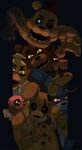  1girl 6+boys bear beezims bird blue_eyes bonnie_(fnaf) bow bowtie broken brown_eyes buck_teeth chica chicken colored_sclera cupcake fez_hat finger_to_mouth five_nights_at_freddy&#039;s food fox foxy_(fnaf) freddy_fazbear glowing glowing_eyes golden_freddy grey_eyes highres holding holding_knife horror_(theme) knife looking_at_viewer mr._cupcake multiple_boys one-eyed orange_eyes outstretched_arm plate red_bow red_bowtie robot sharp_teeth signature smile spring_bonnie_(fnaf) teeth white_eyes yellow_sclera 