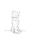  1girl animal_ears ass bottomless cat_ears cat_girl cat_tail commentary eroiroe highres lineart monochrome off_shoulder original shirt short_hair single_bare_shoulder sitting solo t-shirt tag tail 