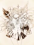  1boy 1girl ahoge angel_wings aya_carmine braid closed_eyes collared_shirt cowboy_shot floating_hair flower_wings greyscale hair_between_eyes happy highres hitomi_hirosuke_(sayonara_wo_oshiete) holding holding_sign leaf_wings long_hair millipen_(medium) mismatched_wings monochrome neck_ribbon open_mouth plant_wings pleated_skirt ribbon sayonara_wo_oshiete school_uniform shirt side_braids sign simple_background skirt smile snake sparkle sugamo_mutsuki tendril traditional_media very_long_hair vest wings 