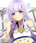  1girl bare_shoulders circlet commentary_request dress eating fire_emblem fire_emblem:_genealogy_of_the_holy_war food holding holding_spoon julia_(fire_emblem) long_hair purple_eyes purple_hair solo spoon yukia_(firstaid0) 