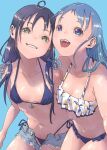  2girls ahoge anchor_ornament bikini black_bikini black_hair blue_background blue_eyes breasts commentary_request cutoffs denim denim_shorts frilled_bikini frills gradient_hair green_eyes grey_shorts grin highres kantai_collection long_hair looking_at_viewer mismatched_bikini multicolored_hair multiple_girls n-mori open_fly open_mouth samidare_(kancolle) shorts side-tie_bikini_bottom simple_background sitting small_breasts smile suzukaze_(kancolle) swept_bangs swimsuit teeth textless_version upper_teeth_only very_long_hair 