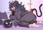  1girl @_@ ahoge all_fours alternate_breast_size animal_ear_fluff animal_ears artist_name ass barefoot bell blush breasts cat_ears cat_tail collar commentary curtains dress embarrassed fake_animal_ears fake_tail feet full-face_blush gastly gengar hair_between_eyes hairband hex_maniac_(pokemon) highres huge_breasts indoors lemonbizate long_hair looking_at_viewer messy_hair neck_bell on_bed open_mouth paw_pose pokemon pokemon_(creature) pokemon_(game) pokemon_xy purple_dress purple_eyes purple_hair purple_hairband red_collar red_ribbon ribbon smile soles solo stuffed_animal stuffed_toy sweat tail tail_ornament tail_ribbon toes very_long_hair window 
