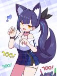  1girl :d absurdres animal_ear_fluff animal_ears black_ribbon blue_hair blue_skirt blush commentary_request fangs fingernails glowstick hair_ribbon hands_up heart hh highres jacket korean_commentary lilpa long_fingernails long_hair looking_at_viewer multicolored_hair multicolored_nails off-shoulder_jacket off_shoulder orange_eyes orange_nails plaid plaid_background plaid_skirt purple_hair ribbon sharp_fingernails short_sleeves side_ponytail sidelocks skirt smile solo streaked_hair tail teardrop very_long_hair virtual_youtuber waktaverse white_jacket yellow_nails 