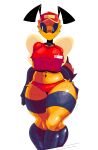  antennae_(anatomy) anthro arthropod arthropod_abdomen bee breasts clothed clothing female hat headgear headwear hi_res hymenopteran insect insect_wings midriff navel navel_piercing non-mammal_breasts panties piercing solo standing thick_thighs underwear uniform wide_hips wings xexeezy yellow_body 