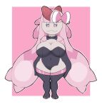  accessory armwear beady_eyes big_breasts black_bow_tie black_clothing black_gloves black_handwear black_legwear black_leotard black_thigh_highs bow_ribbon bow_tie breasts cleavage clothed clothing drayx elbow_gloves eyelashes female fusion generation_3_pokemon generation_9_pokemon gloves hair hair_accessory hair_bow hair_ribbon handwear huge_breasts humanoid hybrid legwear leotard long_hair navel_outline nintendo pink_background pink_eyes pink_hair pokemon pokemon_(species) pokemon_fusion ralts ribbons short_stack simple_background smile solo thick_thighs thigh_highs tinkaton white_background white_body wide_hips 