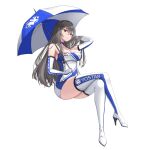  1girl alternate_costume arm_up azur_lane bare_shoulders blue_choker blue_dress blue_footwear blue_gloves blue_umbrella boots breasts character_name choker cleavage closed_mouth clothes_writing collarbone crossed_legs dress elbow_gloves full_body gloves grey_hair hair_between_eyes hand_in_own_hair high_heel_boots high_heels highres holding holding_umbrella invisible_chair large_breasts levy_(comradlevy) logo long_hair looking_at_viewer microdress multicolored_clothes race_queen red_eyes saint-louis_(azur_lane) simple_background sitting sleeveless sleeveless_dress solo strapless strapless_dress thigh_boots thighhighs transparent_background two-tone_dress umbrella white_dress white_footwear white_gloves white_umbrella zettai_ryouiki 