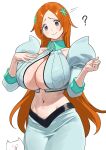  1girl bleach bleach:_the_thousand-year_blood_war blush breasts cleavage embarrassed grey_eyes hair_ornament highres huge_breasts inoue_orihime large_breasts long_hair long_sleeves looking_at_viewer navel nia_(nia4294) orange_hair parted_bangs puffy_sleeves revealing_clothes solo white_background 