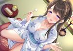  1girl :d absurdres blue_kimono breasts brown_hair cleavage collarbone cup highres indoors japanese_clothes kimono lamp large_breasts long_hair looking_at_viewer mimikaki mole mole_under_mouth non-web_source open_mouth original ponytail print_kimono purple_eyes sidelocks sitting smile solo suzumia_(daydream) tatami tea teacup thighs wide_sleeves yukata 