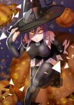  1girl absurdres adjusting_clothes adjusting_headwear animal_ears black_headwear black_sleeves blair_(soul_eater) boots breasts cat cat_ears cat_girl detached_sleeves halloween hat highres jack-o&#039;-lantern large_breasts long_hair long_sleeves night night_sky occul_lab pumpkin purple_hair sitting sky soul_eater thigh_boots thighhighs thighs tongue witch witch_hat yellow_eyes 