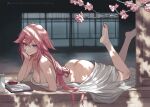  1girl ass bed_sheet book bottle breasts cherry_blossoms cleavage elbow_rest feet_up from_side genshin_impact highres large_breasts long_hair looking_at_viewer lying naked_sheet on_floor on_stomach open_book pink_hair sake_bottle solo the_pose very_long_hair yae_miko zefrableu 