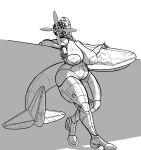  2022 aircraft anthro big_breasts big_nipples breasts chubby_female female hi_res huge_breasts leaning_on_wall living_aircraft living_machine living_vehicle long_tail looking_at_viewer machine monochrome navel nipples nude p-47_thunderbolt pauline_(ndragon3) solo tail top_kek_m9 vehicle wheels wings 