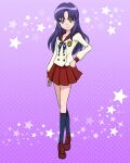  1girl hand_on_hip happinesscharge_precure! highres hikawa_iona loafers long_hair long_sleeves official_art parted_bangs pikarigaoka_middle_school_uniform pleated_skirt precure precure_connection_puzzlun purple_eyes purple_hair red_sailor_collar red_skirt sailor_collar school_uniform shoes skirt socks solo third-party_source 