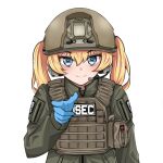  1girl blonde_hair blue_eyes blue_gloves combat_helmet commentary cross english_commentary gloves green_shirt helmet jizi load_bearing_vest looking_at_viewer medic original pointing pointing_at_viewer red_cross shirt simple_background soldier solo tactical_clothes transparent_background twintails upper_body vest 