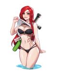  1girl alternate_costume bikini biting black_bikini blushyspicy breasts clothes_lift katarina_(league_of_legends) large_breasts league_of_legends lifted_by_self lip_biting long_hair looking_at_viewer navel parted_lips red_hair scar scar_across_eye shirt_lift solo stomach stomach_tattoo swimsuit tattoo toy_sword wading water weapon weapon_on_back 