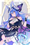  1girl antenna_hair bare_shoulders black_dress blue_hair breasts cleavage cleavage_cutout clothing_cutout crossed_bangs dragalia_lost dress hair_ornament index_finger_raised large_breasts long_hair multicolored_hair origa_(dragalia_lost) purple_hair red_eyes smile two-tone_hair very_long_hair xiafei97 