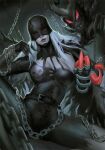  1girl belt black_belt black_bodysuit bodysuit breasts chain claws colored_skin demon demon_girl digimon digimon_(creature) fallen_angel grey_hair grey_skin ladydevimon large_breasts long_hair looking_at_viewer mask mole mole_above_mouth phamoz red_eyes sitting skull solo spread_legs 