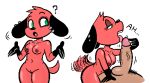  animal_crossing anthro bodily_fluids canid canine canis cherry_(animal_crossing) cum cum_drip domestic_dog dripping duo fellatio female genital_fluids genitals licking male mammal nintendo oral penile penis penis_lick pixelcap red_body sex tail tail_motion tailwag teasing tongue tongue_out 