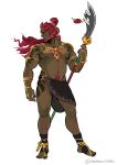  armpit_hair bara beard chest_hair collarbone dark-skinned_male dark_skin earrings facial_hair full_body ganondorf gold_earrings highres holding holding_polearm holding_weapon jewelry leg_hair leg_tattoo long_hair looking_to_the_side loulouscribbles necklace nipple_piercing piercing polearm red_hair ring shoulder_tattoo simple_background tattoo toe_ring weapon white_background 