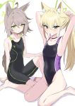  2girls absurdres animal_ears armpits barefoot black_one-piece_swimsuit blonde_hair blue_archive braid breasts competition_swimsuit covered_navel green_eyes grey_hair halo highleg highleg_swimsuit highres holding holding_hair kurumi_(blue_archive) long_hair mochini mouth_hold multiple_girls one-piece_swimsuit otogi_(blue_archive) ponytail simple_background single_braid sitting small_breasts swimsuit two-tone_swimsuit wariza white_background wolf_ears 