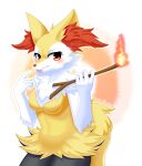  anthro blush braixen female fire fluffy_hinu fur generation_6_pokemon hi_res holding_object looking_at_viewer multicolored_body multicolored_fur nintendo pokemon pokemon_(species) red_eyes solo two_tone_body two_tone_fur white_body white_fur yellow_body yellow_ears yellow_fur 
