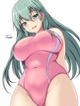 1girl aqua_eyes aqua_hair blush breasts competition_swimsuit covered_navel cowboy_shot dated hair_between_eyes hair_ornament hairclip highres large_breasts long_hair looking_at_viewer montemasa nontraditional_school_swimsuit one-hour_drawing_challenge one-piece_swimsuit open_mouth pink_one-piece_swimsuit school_swimsuit simple_background smile solo swimsuit twitter_username two-tone_swimsuit white_background 