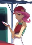  1girl apron baseball_cap earrings hat highres holding holding_phone hoop_earrings jewelry joy_(pokemon) lipstick makeup medium_hair nuinu_nui phone pink_hair pink_nails poke_ball_print pokemon pokemon_(game) pokemon_sv purple_eyes shirt sleeveless solo 